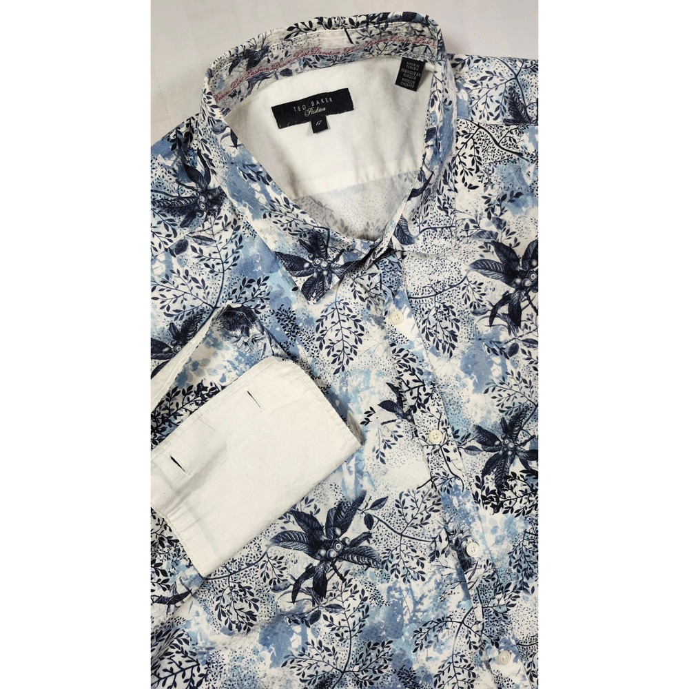 Ted Baker London Mens Blue Floral Botanical Print Button Down Shirt Size 17